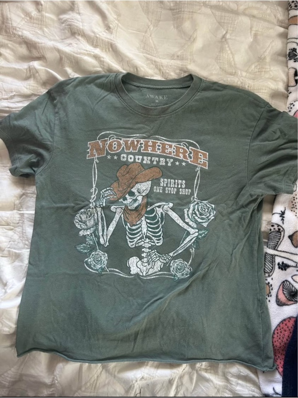 Awake Olive Green Cowboy Skeleton Tee with Rust Accents